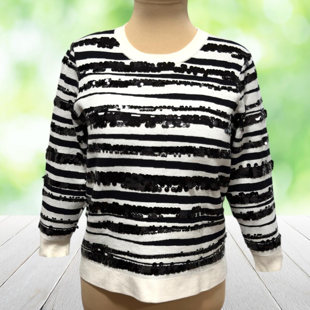 ANN TAYLOR Sequin Stripe Sweater Cropped 3/4 Sleeve Black White Shimmer Size M